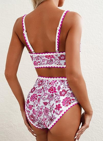 Women Bikini Sets Floral Print Whip Stitch 2 Piece Swimsuits High Waisted Scoop Bathing Suits