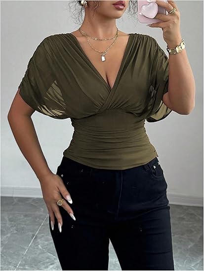 Olive Green Ruched Mesh Dolman Sleeve V-Neck Top