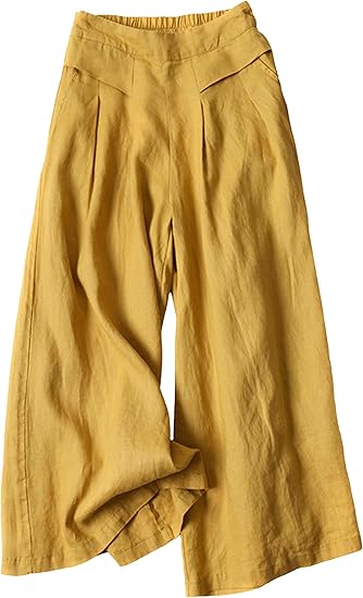 Linen Cropped Wide Leg Pants –  High-Waist Elastic Relaxed Fit Trousers