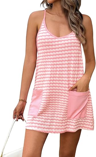 Striped Racerback Romper Dress, Lined Sleeveless Cover-Up with Pockets