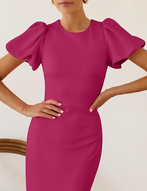 Beige Puff Sleeve Bodycon Midi Dress