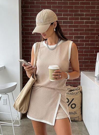Ribbed  Two-Piece Set– Nude Pink Tank &amp;amp; High-Waist Skort with Built-In Shorts