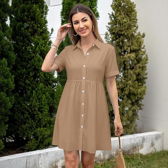 Light Pink Short Sleeve Button-Down Shirt Dress