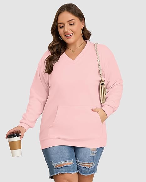 Womens Long Sleeve Sweatshirt Casual V Neck Hoodless Pullover Tops with Pockets