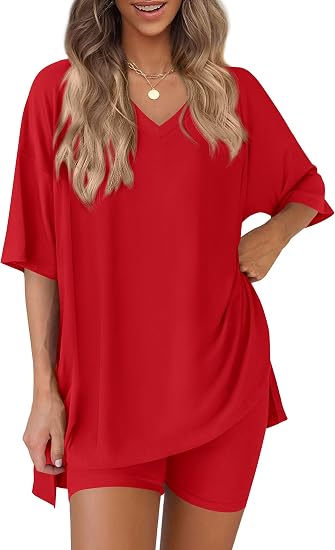 Oversized V-Neck Tee &amp;amp; Biker Shorts Two-Piece Set