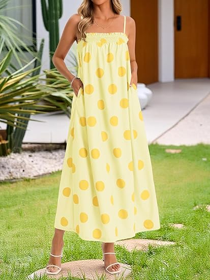 Womens Summer Polka Dot Spaghetti Strap Maxi Dress with Pockets