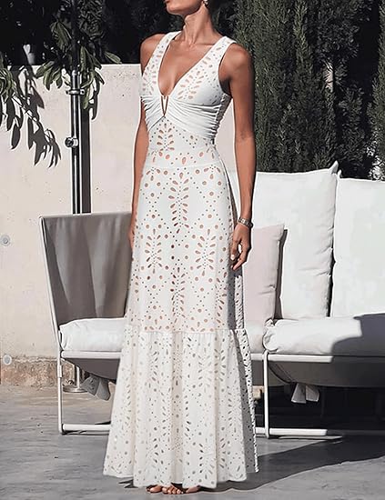White Laser-Cut One-Piece Swimsuit with Matching Maxi Cover-Up Skirt Set