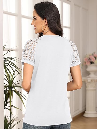 Lace Sleeve Pleated White Casual Top | Feminine Everyday Relaxed Fit Blouse