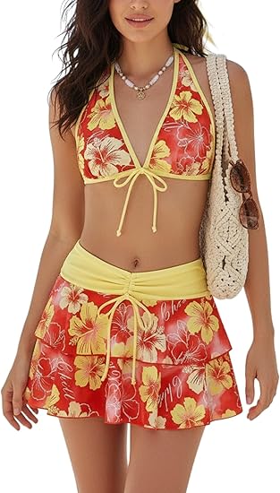 Hibiscus 3-Piece Swimwear Set: Triangle Bikini + Skirted Bottom