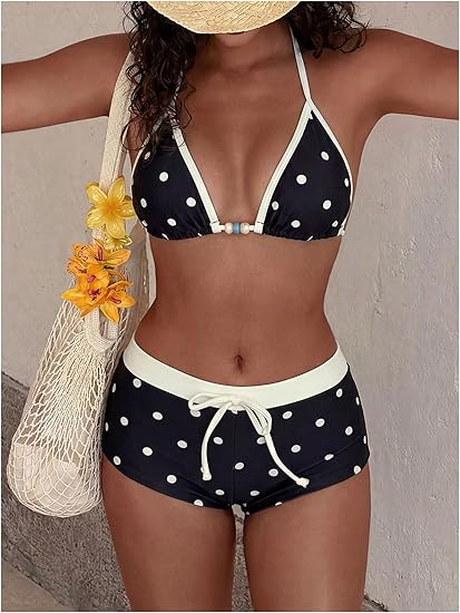 Polka Dot Halter Triangle Bikini Set | Retro Buttermilk Yellow &amp;amp; Brown High Waist Two-Piece Swimsuit