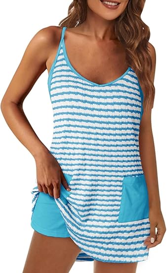 Striped Racerback Romper Dress, Lined Sleeveless Cover-Up with Pockets