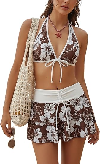 Hibiscus 3-Piece Swimwear Set: Triangle Bikini + Skirted Bottom