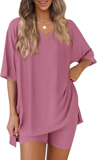 Oversized V-Neck Tee &amp;amp; Biker Shorts Two-Piece Set