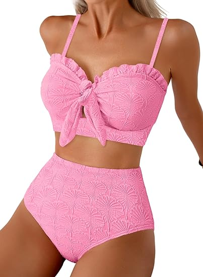 Textured Floral High-Waisted Bikini Set with Bow Front