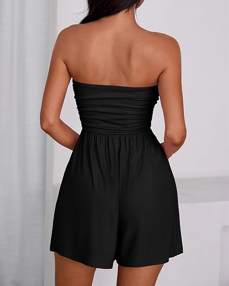 Black Strapless Ruched Tube Romper, Casual Flowy Shorts Jumpsuit