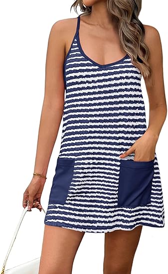 Striped Racerback Romper Dress, Lined Sleeveless Cover-Up with Pockets