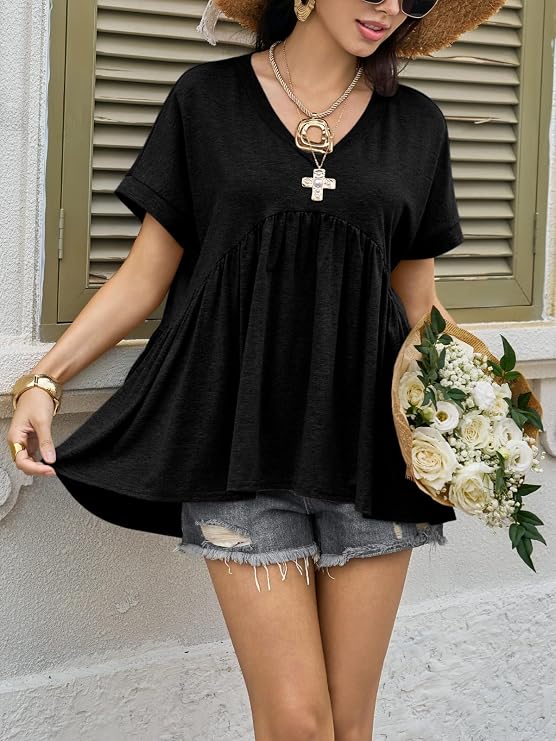 V-Neck Pleated Babydoll T-Shirt