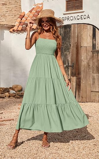 Women Summer Maxi Dress 2026 Casual Boho Sleeveless Spaghetti Strap Smocked Tiered Long Beach Sundresses