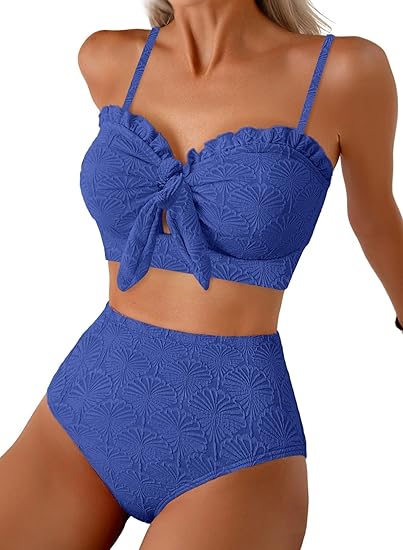 Textured Floral High-Waisted Bikini Set with Bow Front