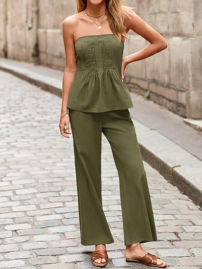 Strapless Pleated Tube Top &amp;amp; Wide Leg Pants Two-Piece Set, Elegant Co-Ord Outfit for Women