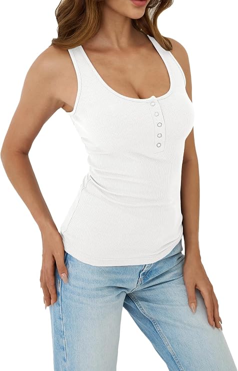 White Ribbed Henley Tank Top
