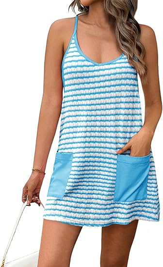 Striped Racerback Romper Dress, Lined Sleeveless Cover-Up with Pockets