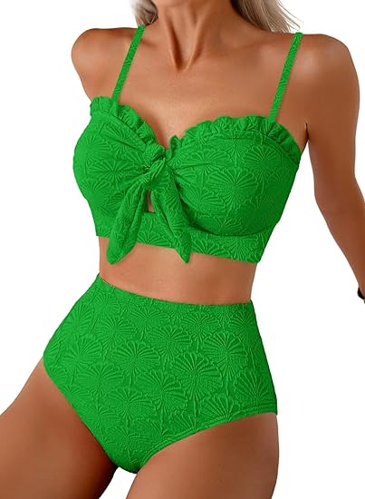 Textured Floral High-Waisted Bikini Set with Bow Front