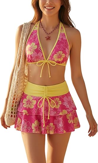 Hibiscus 3-Piece Swimwear Set: Triangle Bikini + Skirted Bottom