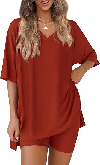 Oversized V-Neck Tee &amp;amp; Biker Shorts Two-Piece Set
