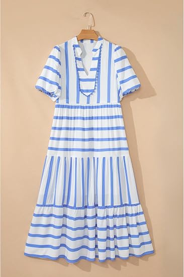 Blue &amp;amp; White Stripe Tiered Midi Dress