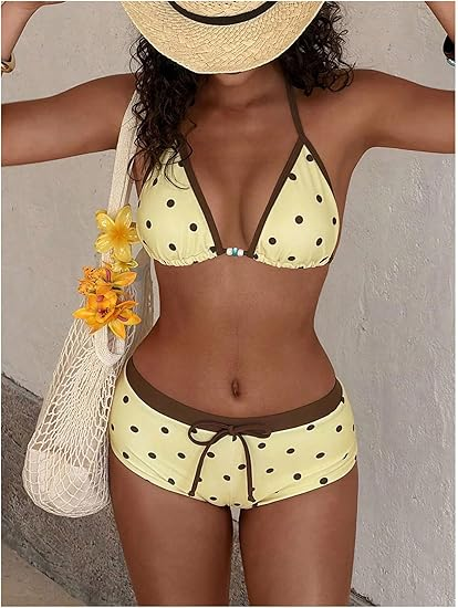 Polka Dot Halter Triangle Bikini Set | Retro Buttermilk Yellow &amp;amp; Brown High Waist Two-Piece Swimsuit