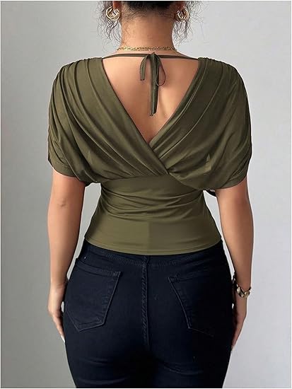 Olive Green Ruched Mesh Dolman Sleeve V-Neck Top