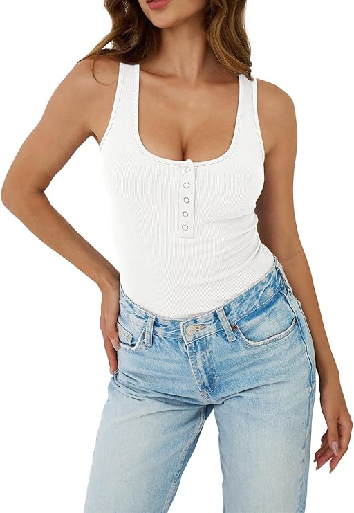 White Ribbed Henley Tank Top