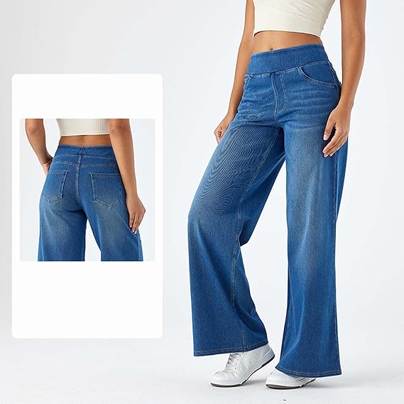 High-Waisted Stretch Pull-On Wide Leg Jeans | Ultra Comfort Soft Denim Pants
