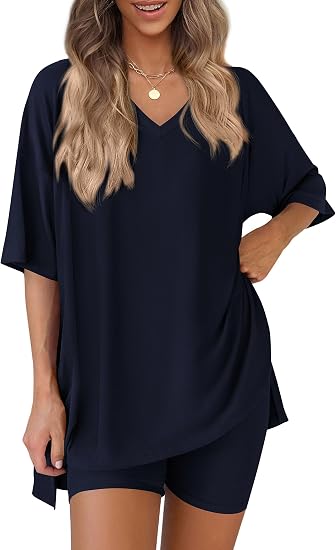 Oversized V-Neck Tee &amp;amp; Biker Shorts Two-Piece Set
