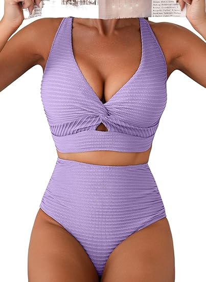 Orange Ribbed High-Waisted Bikini Set with Twist-Front Crop Top