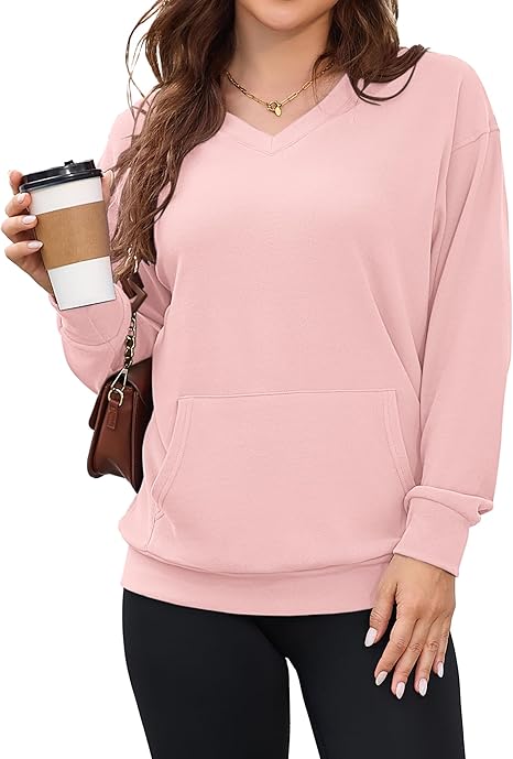 Womens Long Sleeve Sweatshirt Casual V Neck Hoodless Pullover Tops with Pockets