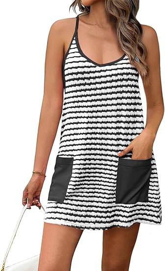 Striped Racerback Romper Dress, Lined Sleeveless Cover-Up with Pockets