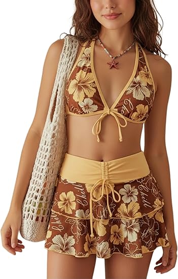 Hibiscus 3-Piece Swimwear Set: Triangle Bikini + Skirted Bottom