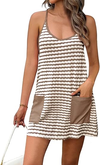 Striped Racerback Romper Dress, Lined Sleeveless Cover-Up with Pockets