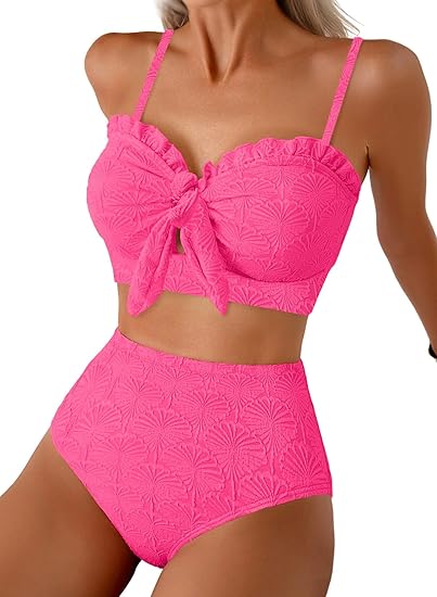 Textured Floral High-Waisted Bikini Set with Bow Front