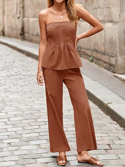 Strapless Pleated Tube Top &amp;amp; Wide Leg Pants Two-Piece Set, Elegant Co-Ord Outfit for Women