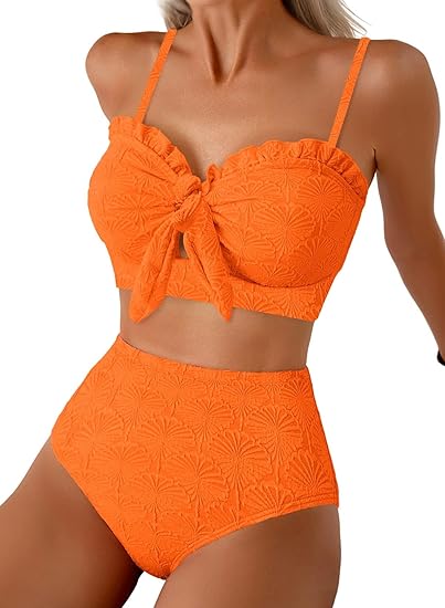 Textured Floral High-Waisted Bikini Set with Bow Front