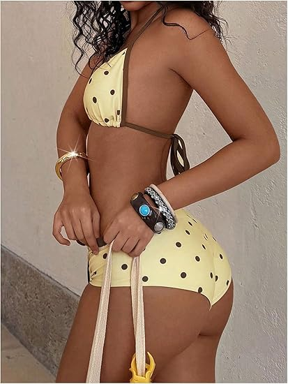 Polka Dot Halter Triangle Bikini Set | Retro Buttermilk Yellow &amp;amp; Brown High Waist Two-Piece Swimsuit