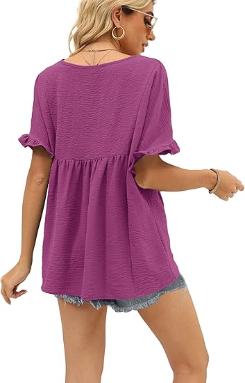Crinkled Babydoll Blouse, V-Neck Ruffle Short Sleeve Casual Top