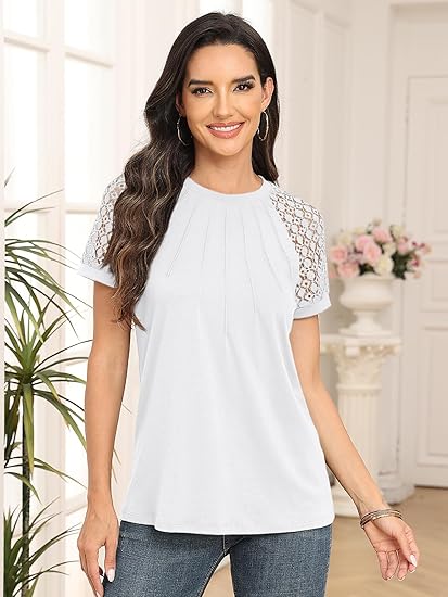 Lace Sleeve Pleated White Casual Top | Feminine Everyday Relaxed Fit Blouse
