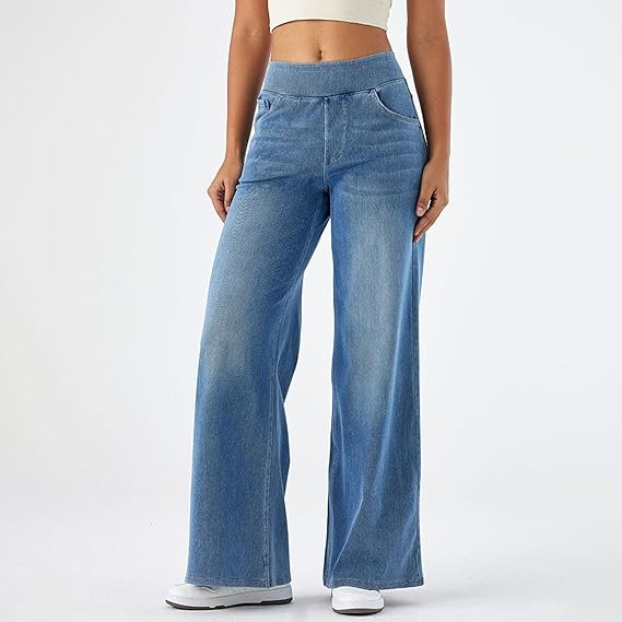 High-Waisted Stretch Pull-On Wide Leg Jeans | Ultra Comfort Soft Denim Pants