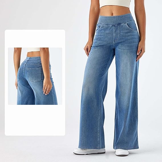 High-Waisted Stretch Pull-On Wide Leg Jeans | Ultra Comfort Soft Denim Pants