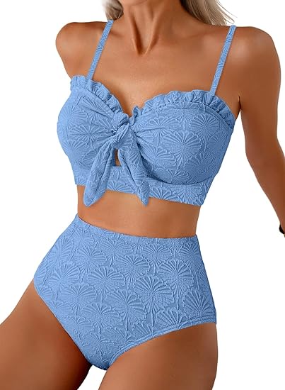Textured Floral High-Waisted Bikini Set with Bow Front