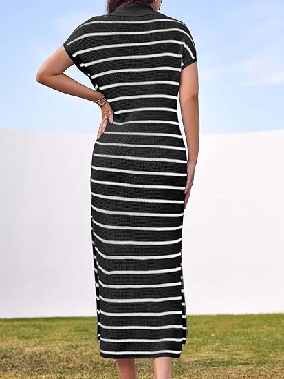 Black &amp;amp; White Striped Knit Polo Midi Dress